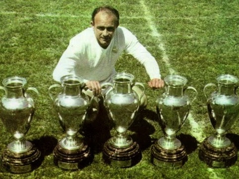 Di Stefano is widely regarded as the greatest Real Madrid player of all times, he scored in 5 consecutive European cup finals for Real Madrid winning all 5 of them in a era dominated by Real Madrid in 1950s. He played in qualifying matches of 1962 world cup but a injury prevented him to participate in what would be his last chance of being part of world cup in 1962.With Real Madrid his ability to score goals from midfield helped the team to become one of the most successful of that era. Scoring 216 goals in just 282 matches for Real Madrid made him all time top scorer for the team at the time. Winning 5 european titles where his record of 49 goals in just 58 matches stood for decades when Raul broke it in 2005.